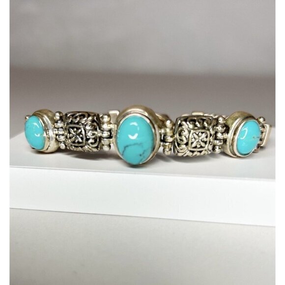 Sterling Silver 925 Oval Turquoise Gemstone Toggle Bracelet 30 grams 7" - Picture 1 of 5